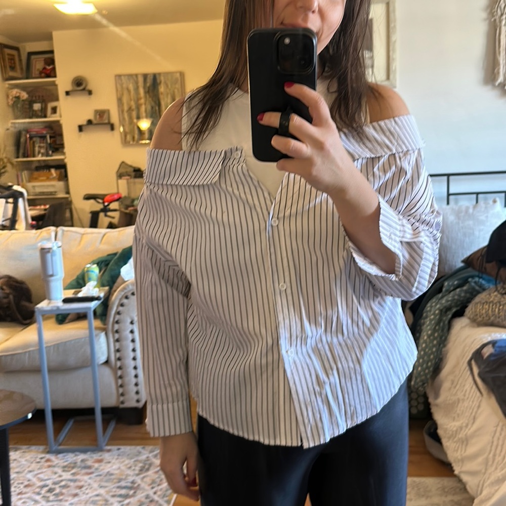Carmar off shoulder with top shirt. Connected shirt underneath